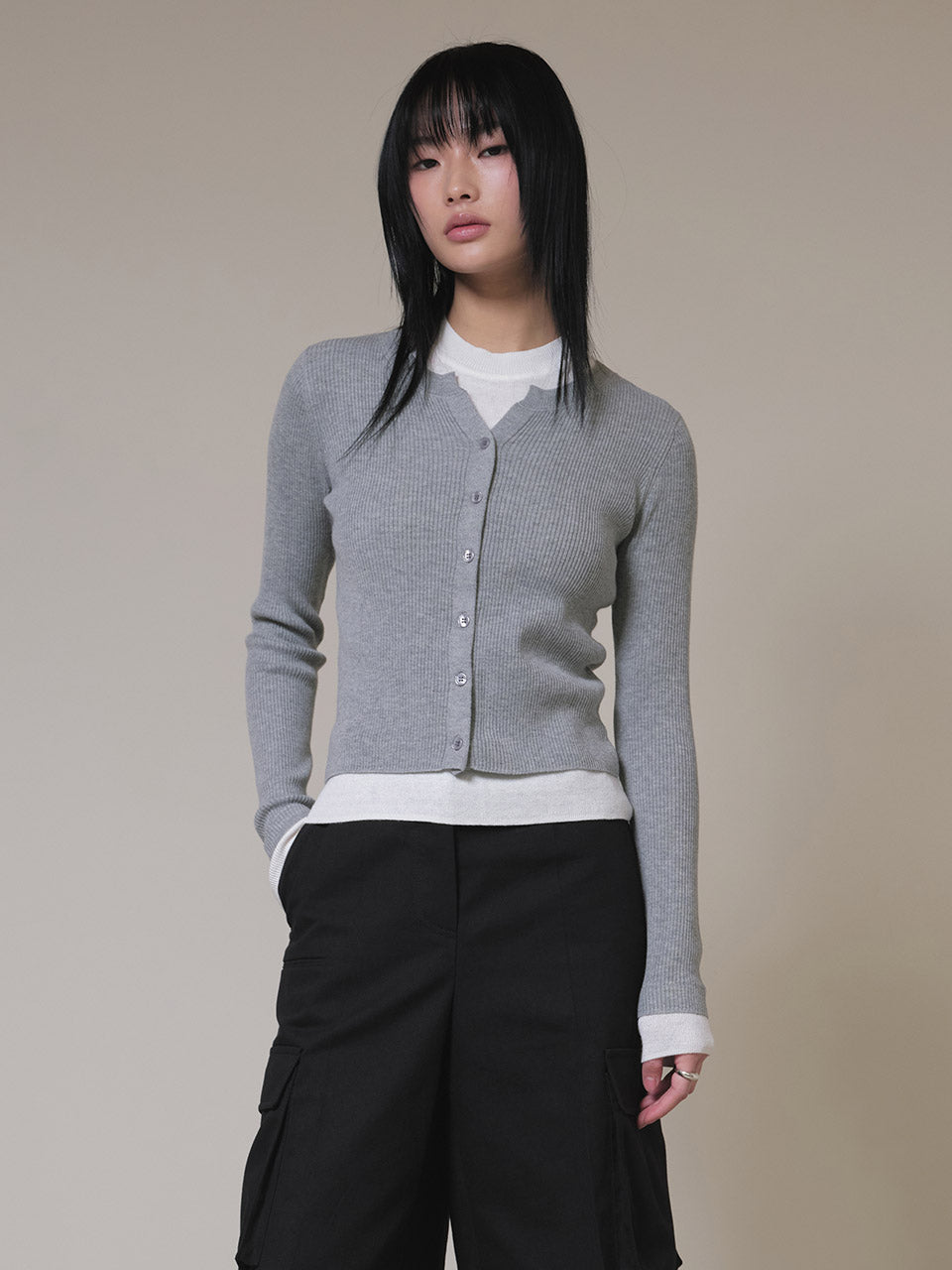 Layered Knit Cardigan Set in Grey