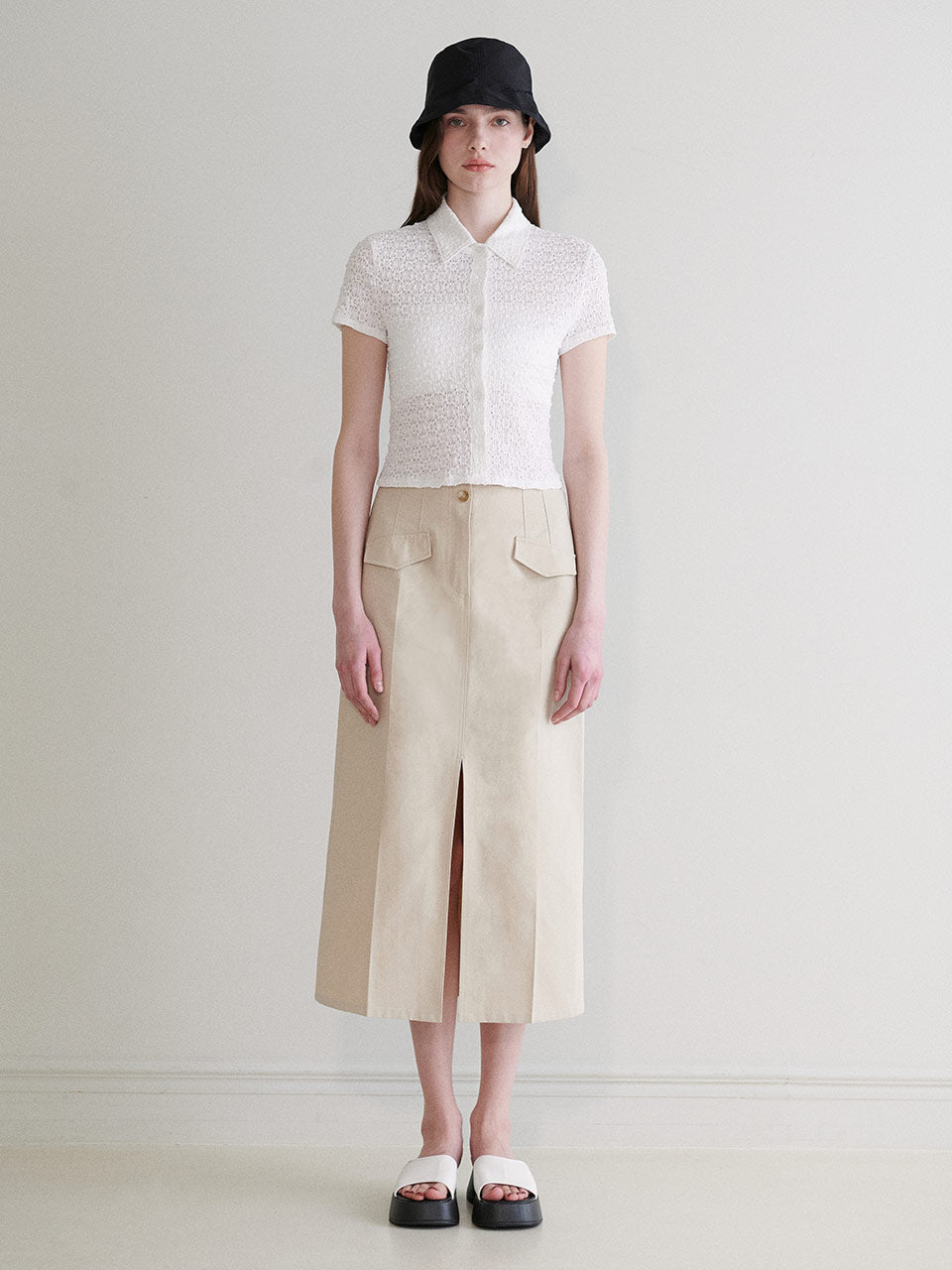 Slit Flap Pocket Midi Skirt in L/Khaki