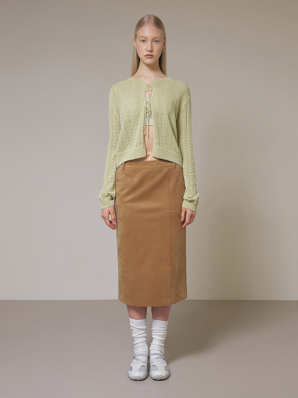 Suede One Pocket Middle Skirt in Camel