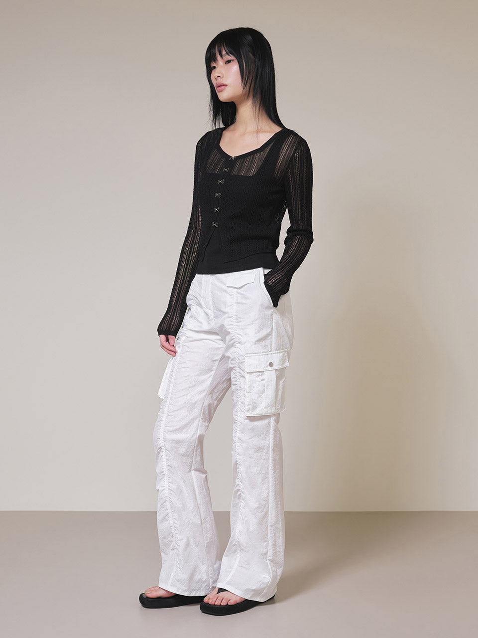 Cargo Shirring Pants in White