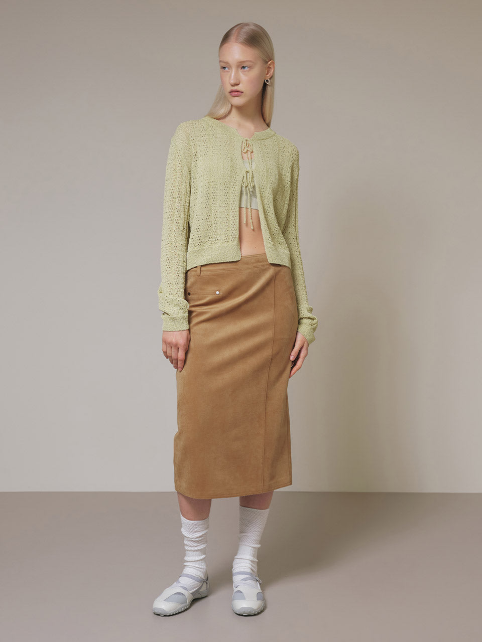 Suede One Pocket Middle Skirt in Camel