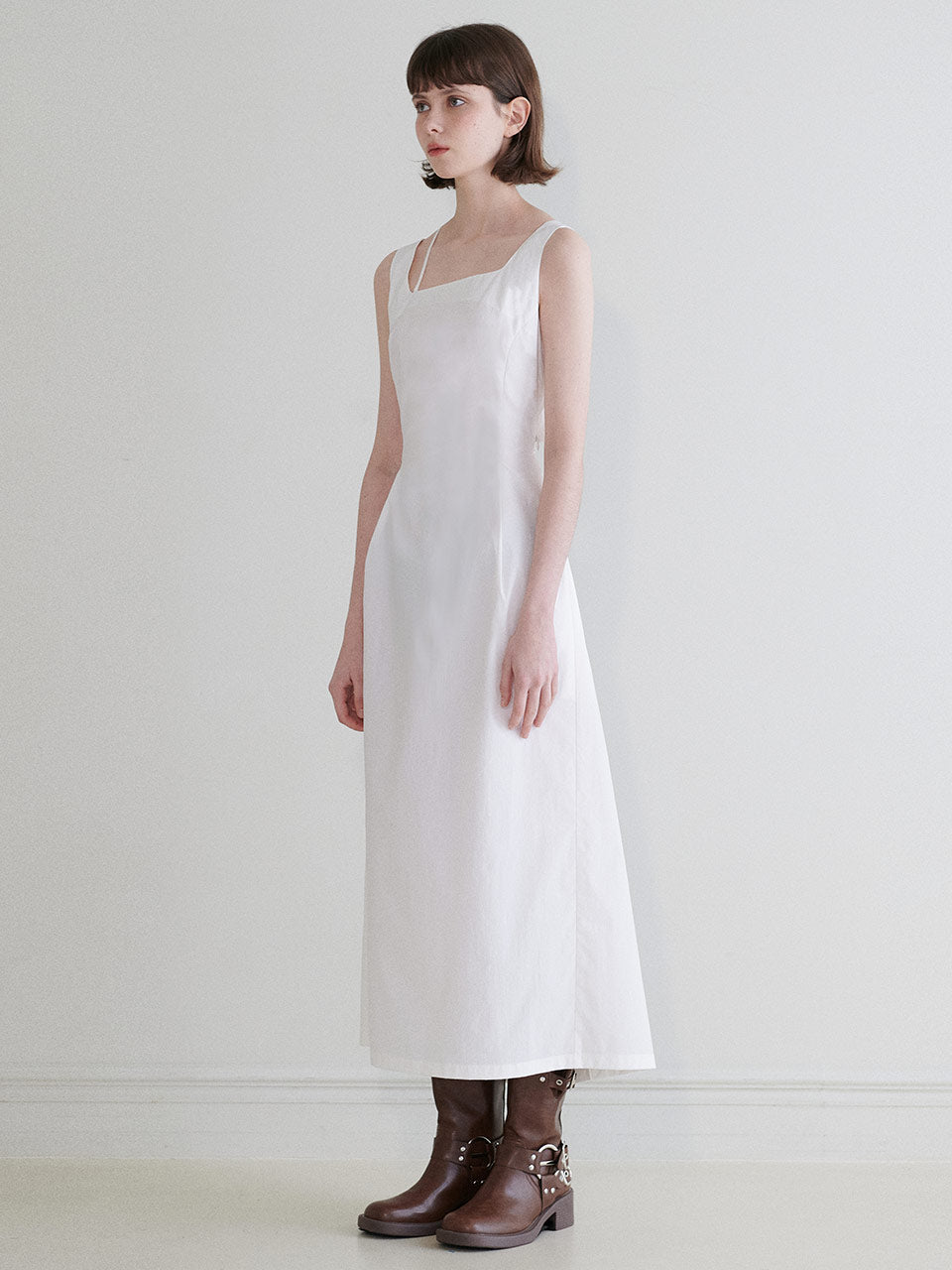 Unbalanced Strap Long Dress in White