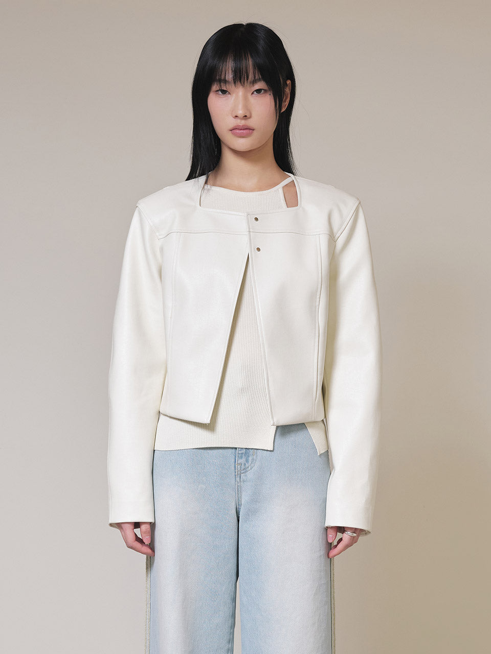 Non-collar Crop Jacket in Cream