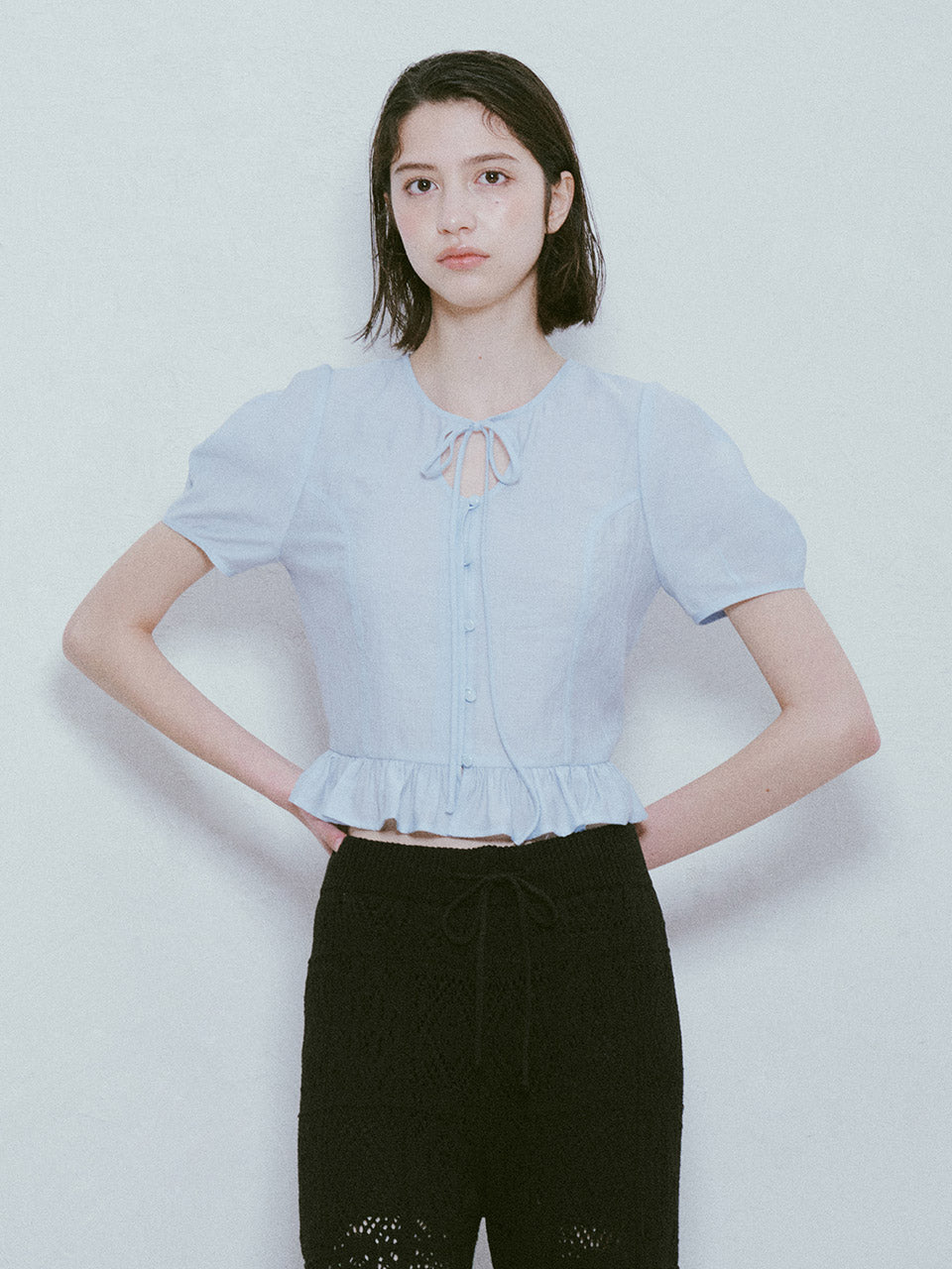 Frill Ribbon Blouse in Blue