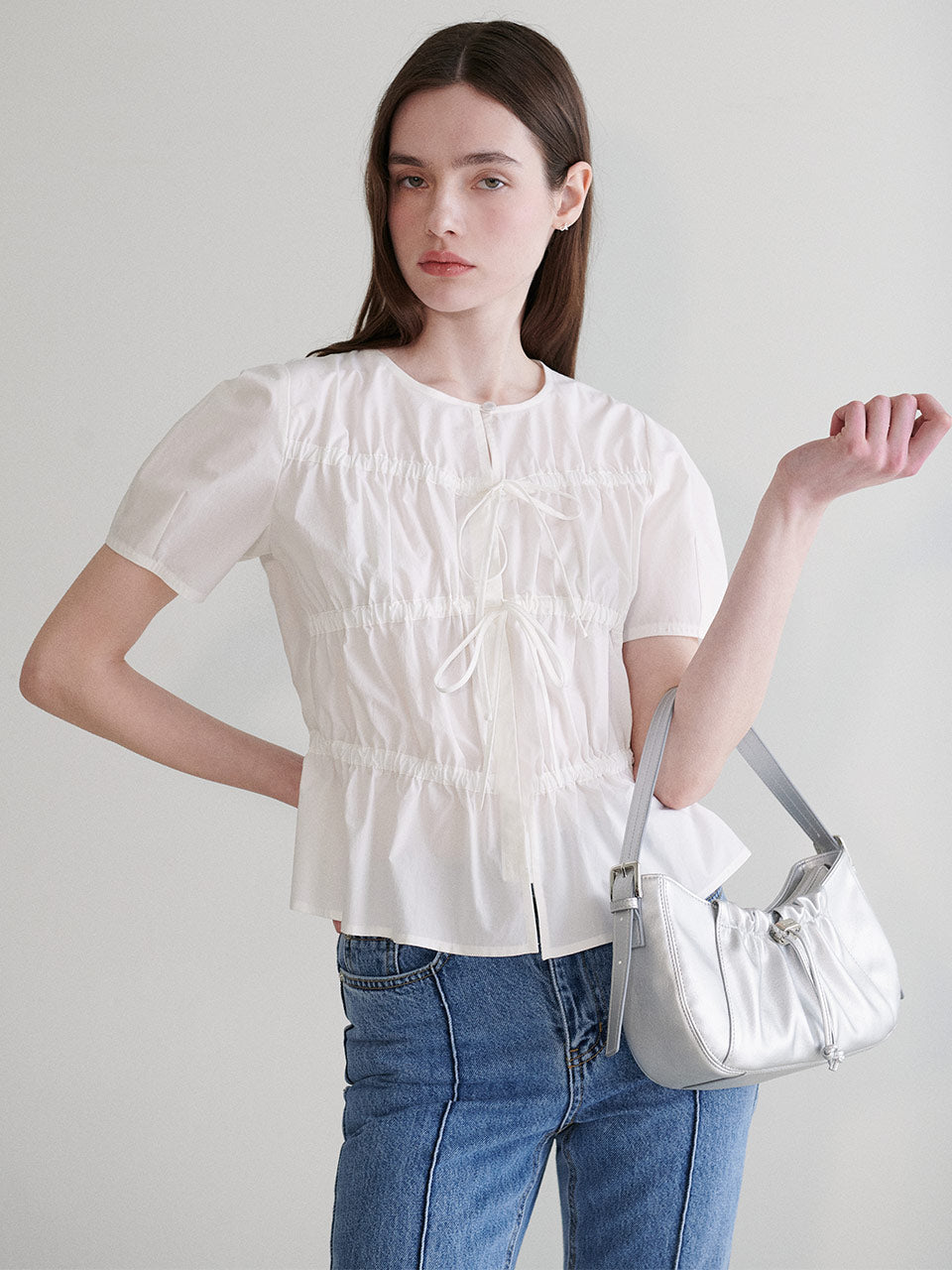 Ribbon Shirring Blouse in White