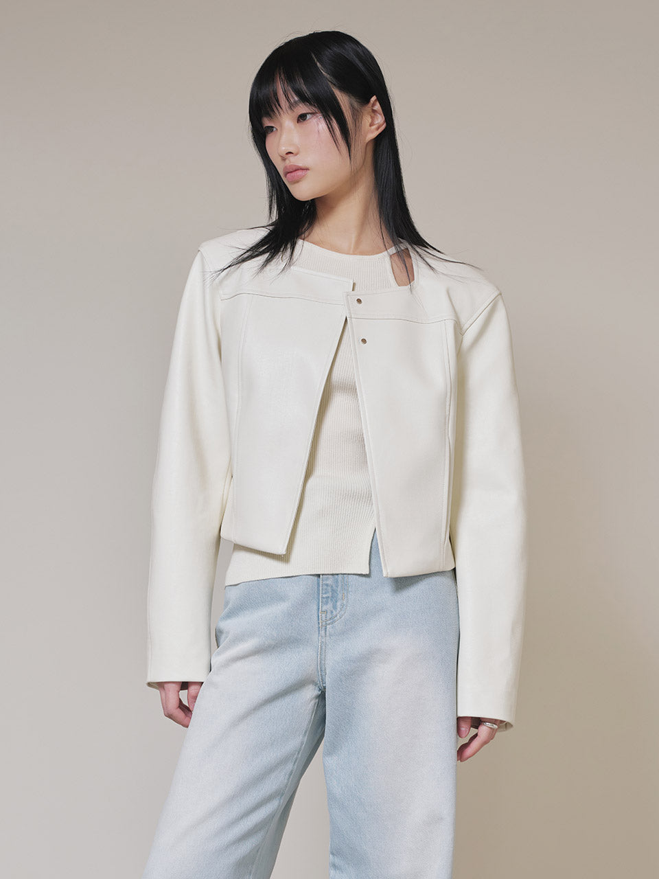 Non-collar Crop Jacket in Cream