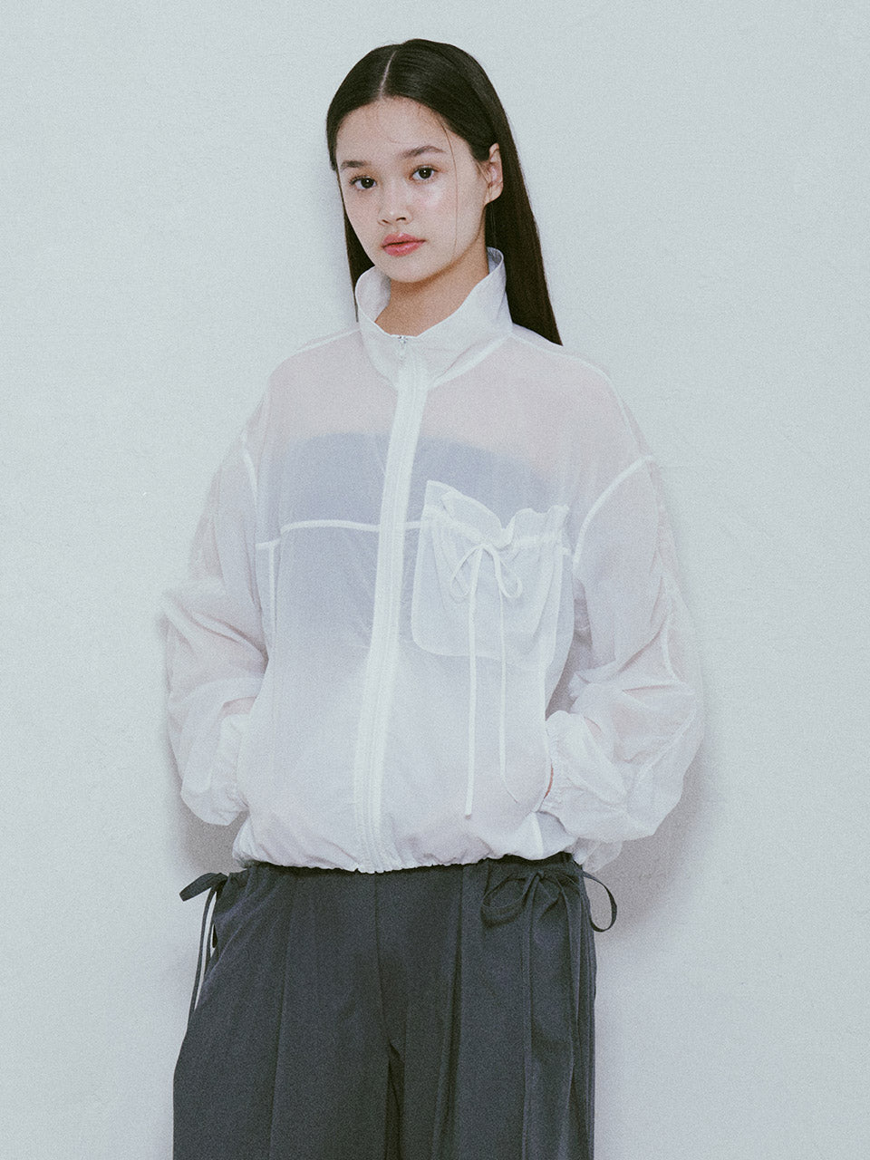 Shirring String Wind Breaker in White