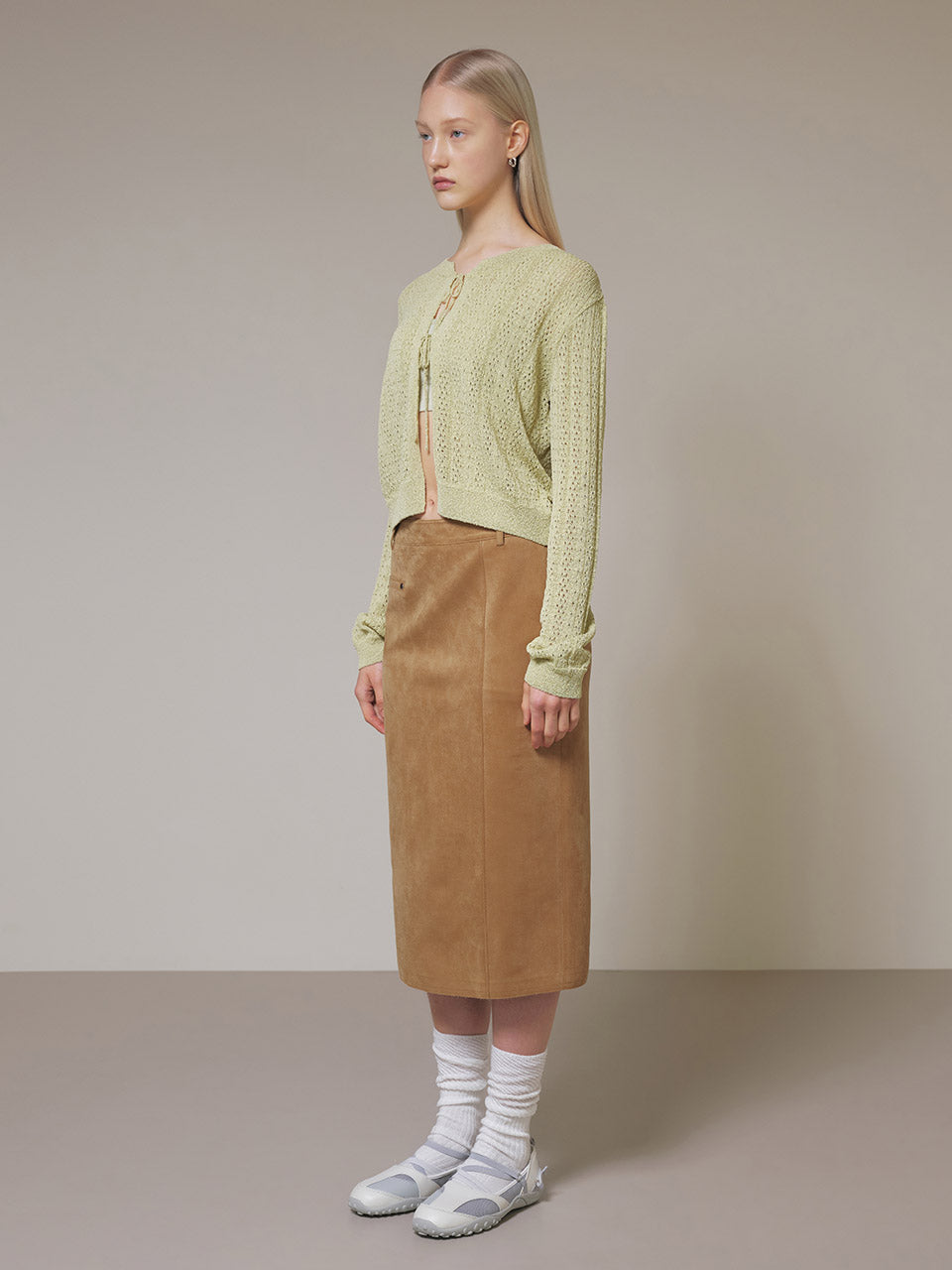 Suede One Pocket Middle Skirt in Camel