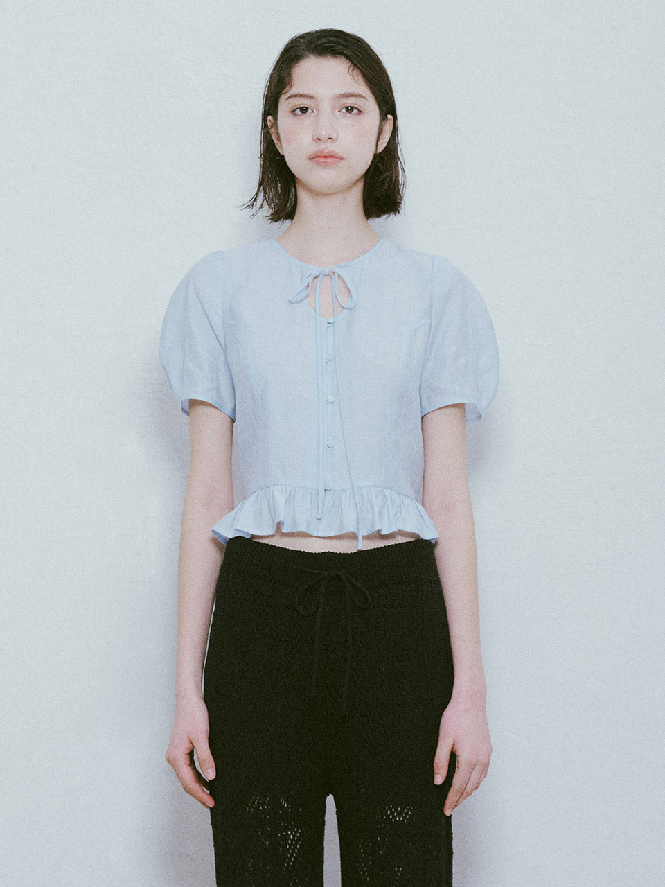 Frill Ribbon Blouse in Blue