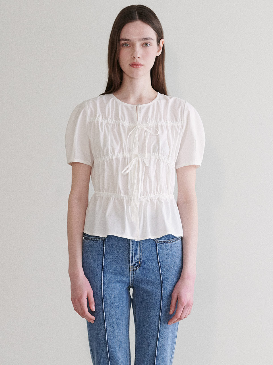 Ribbon Shirring Blouse in White