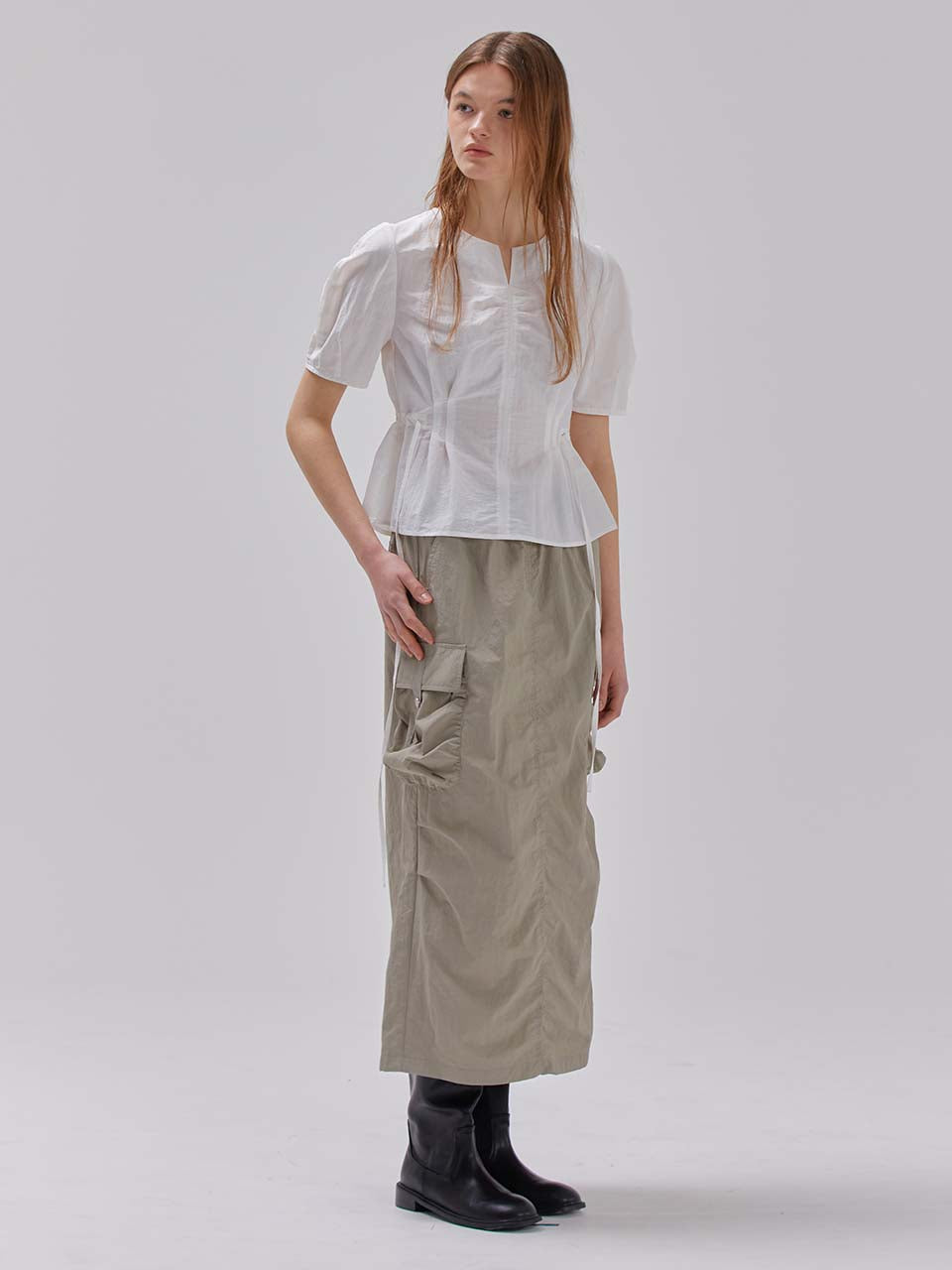 Cargo Shirring Skirt in Khaki