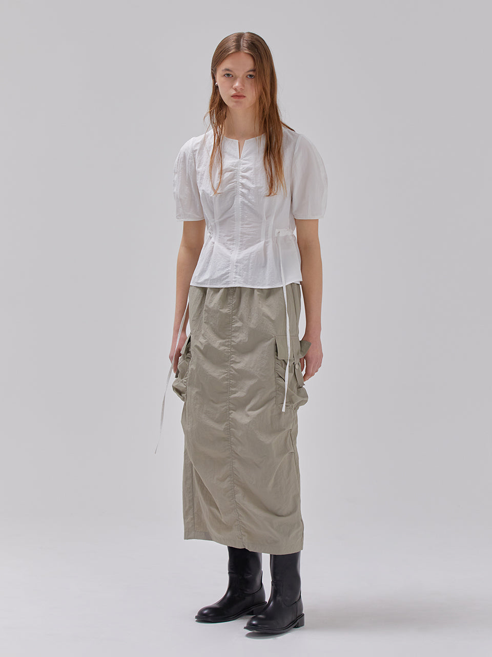 Cargo Shirring Skirt in Khaki